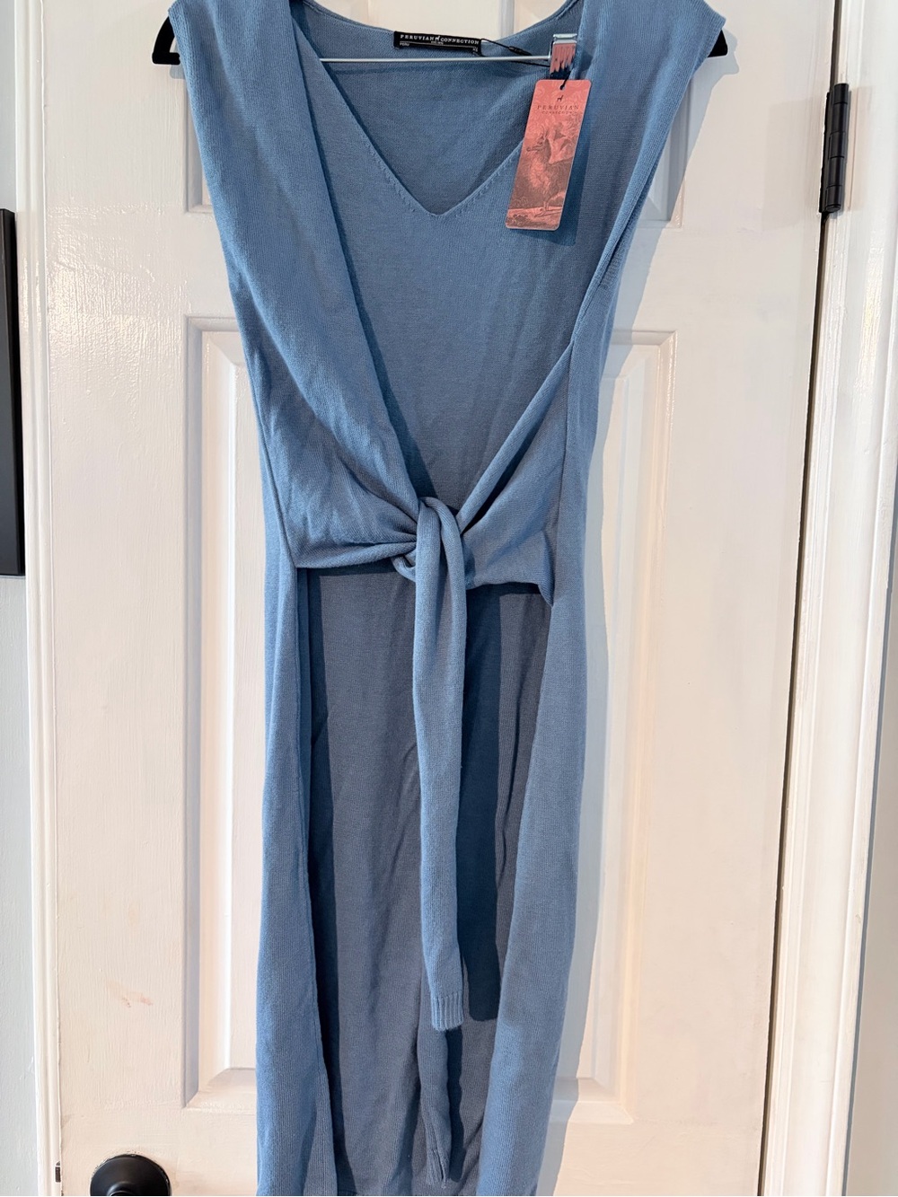 Peruvian Connection Light Blue Midi Dress with Front Tie
